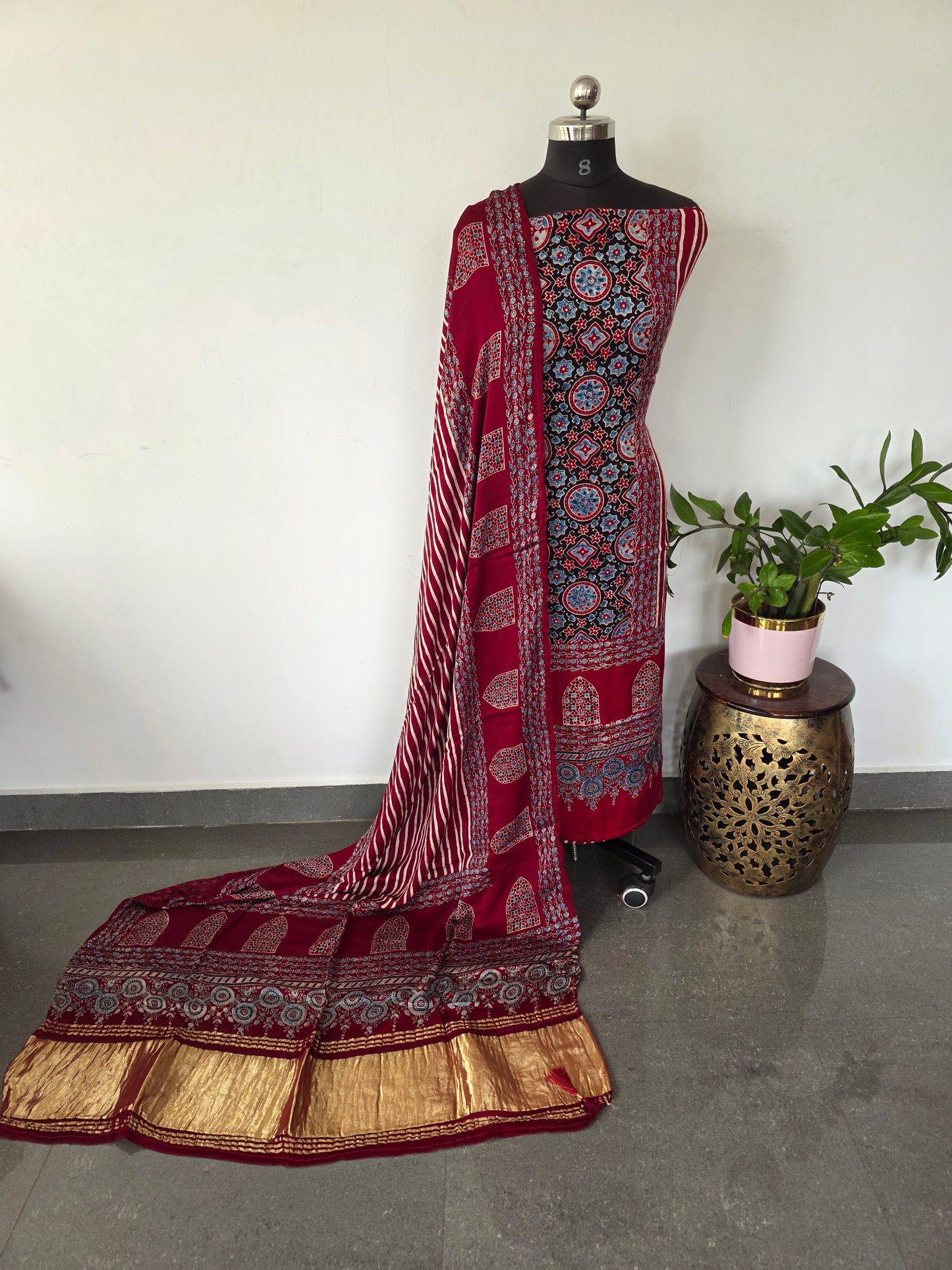 Handcrafted ajrakh modal silk with lagdi patta shawl set - HZ145