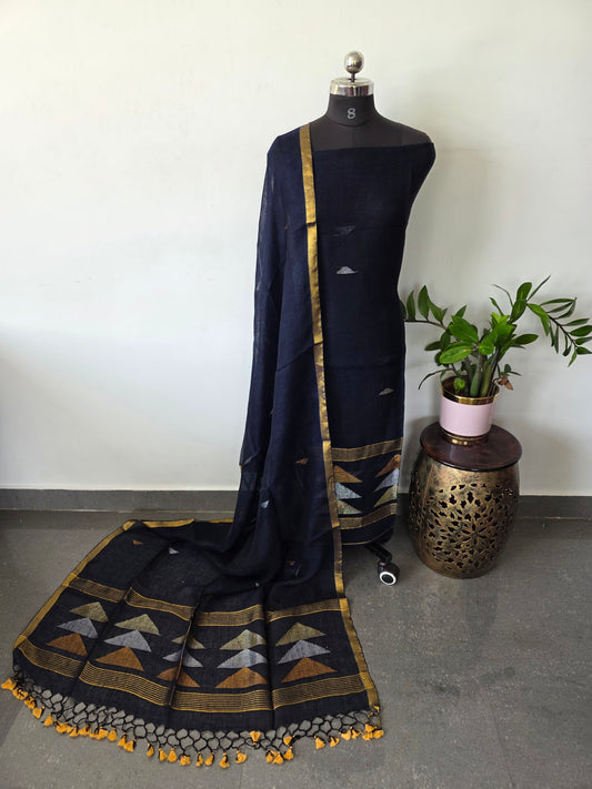 Premium handloom linen jamdhani set ( dark blue)- JMM242