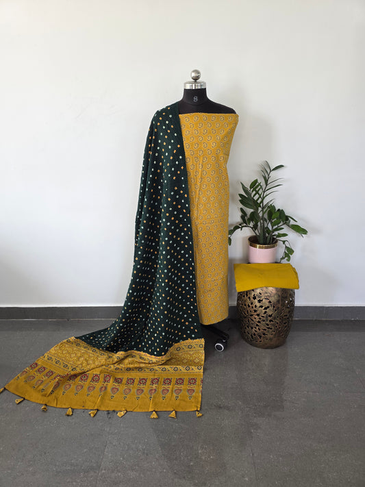 Premium ajrakh cotton top with pure bandhani cotton shawl - AB15