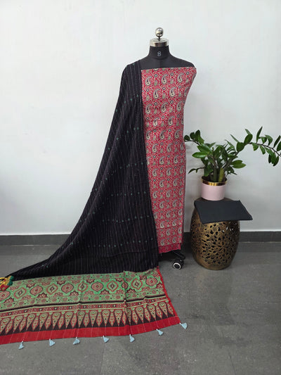 Handcrafted ajrakh cotton top with kantha work cotton shawl - BAA64