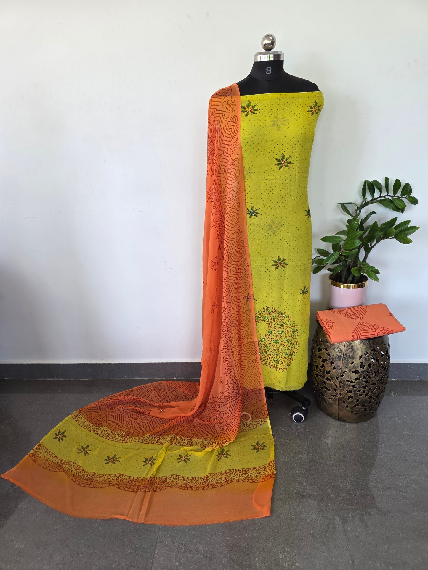 Handblock georgette salwar set with handwork mirror work- GE152