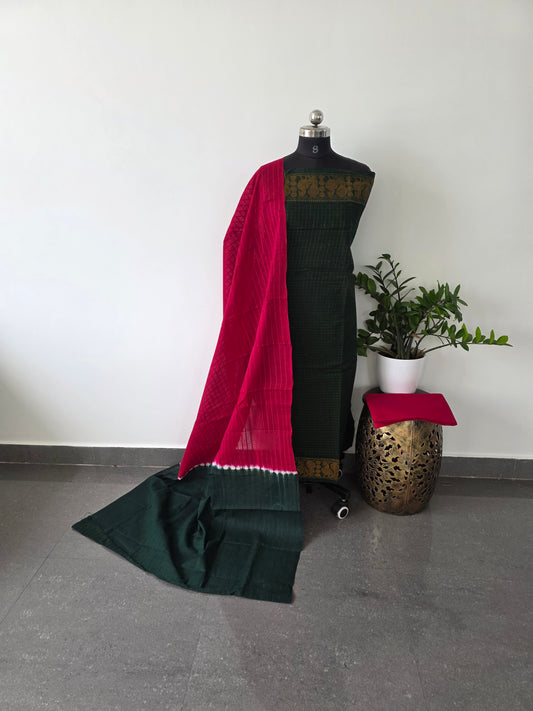 Madurai sungudi zari kattam salwar set - green with red