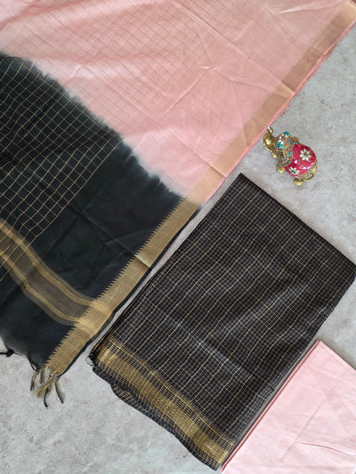 Checked Bhagalpuri fusion mangalagiri silk set - BA528