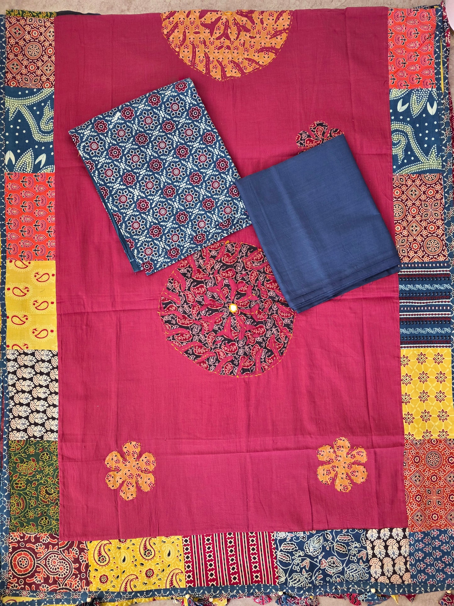 Handcrafted ajrakh cotton top with applique cotton shawl - BAA32