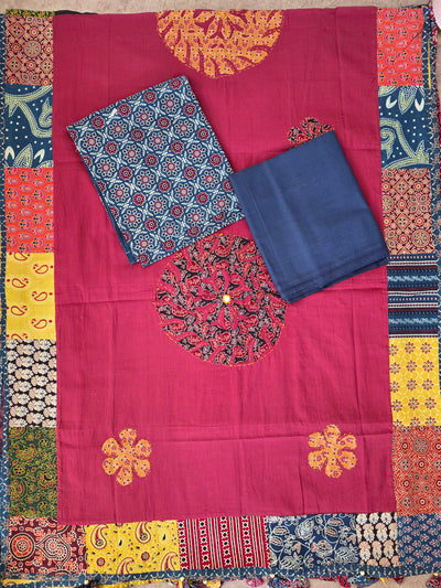Handcrafted ajrakh cotton top with applique cotton shawl - BAA32