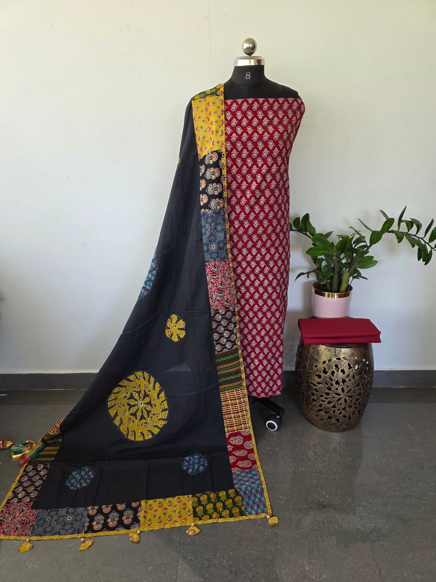 Handcrafted ajrakh cotton top with applique cotton shawl - BAA29