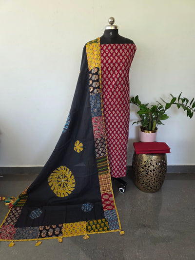 Handcrafted ajrakh cotton top with applique cotton shawl - BAA29
