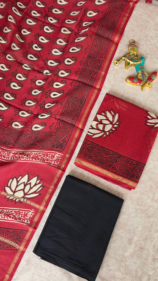 Handblock Jaipuri chanderi silk set - JA758