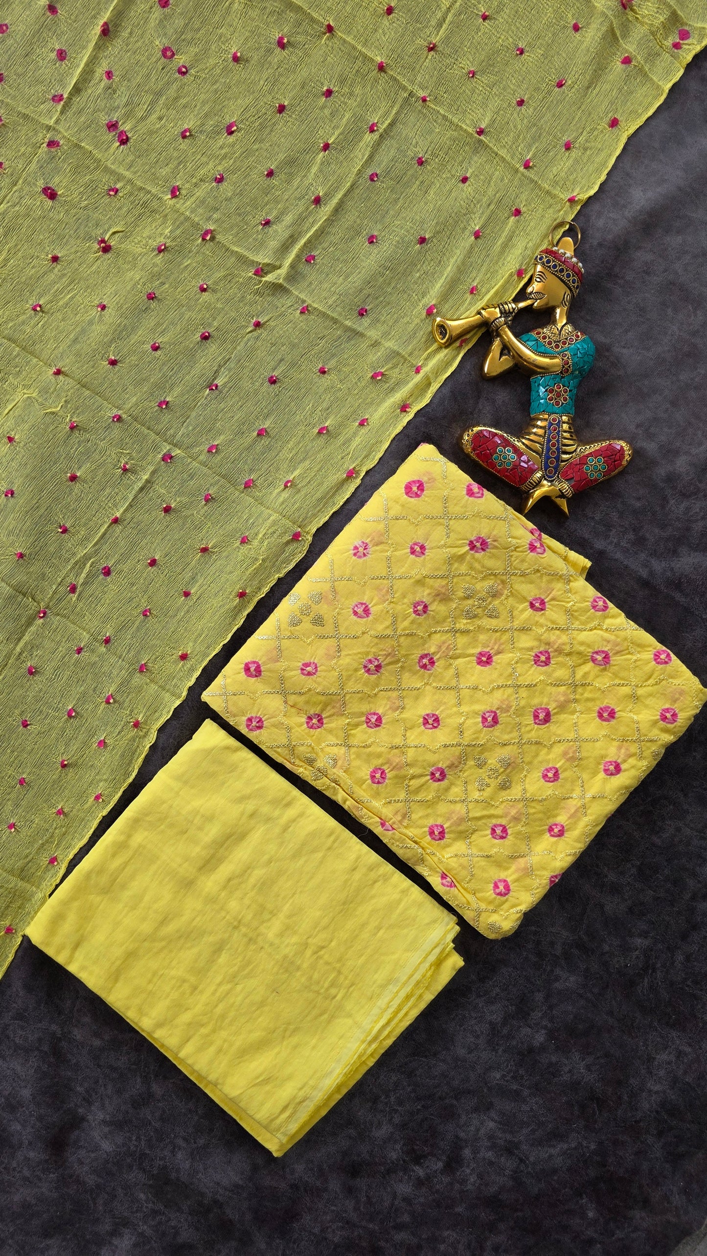 Embroidery Bandhini cotton set with bandhini chiffon shawl - JA794