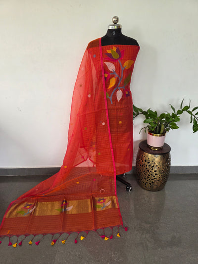 Checked Handloom muslin paithani jamdhani set - JMM374