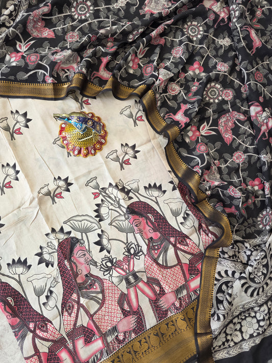 Premium Chennuri pure authentic kalamkari silk with kanchi border -AKS7