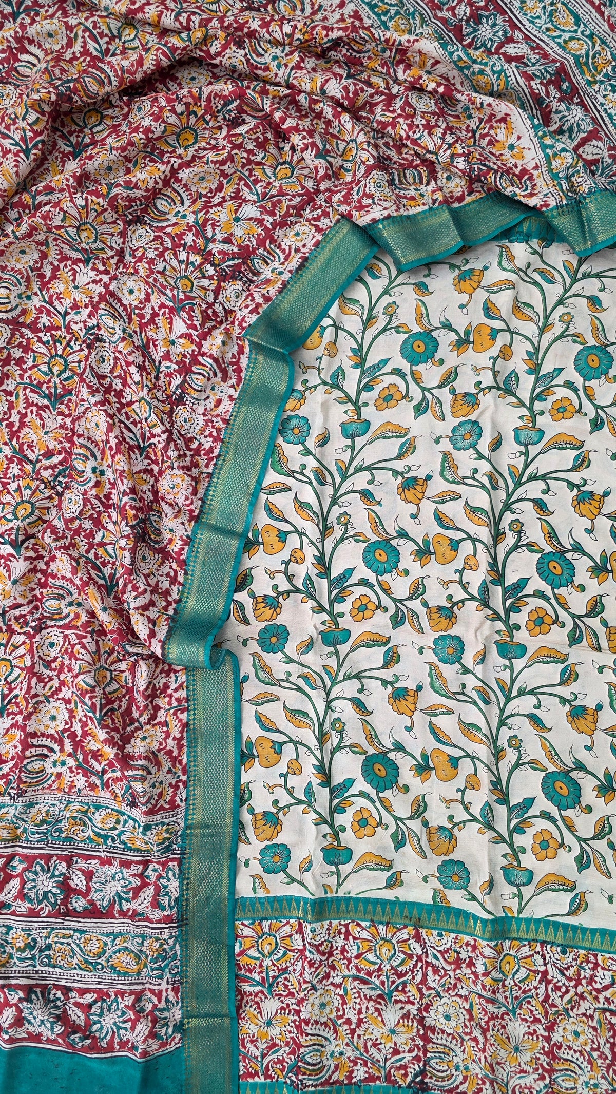 Mangalagiri kalamkari fusion gap border silk set-AK561