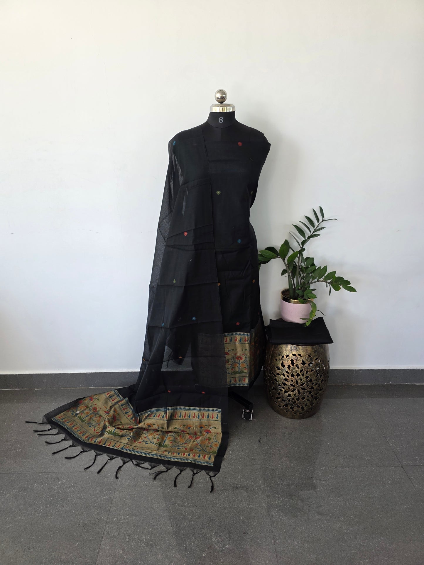 Premium jamdhani paithani silk cotton set (black) - X11