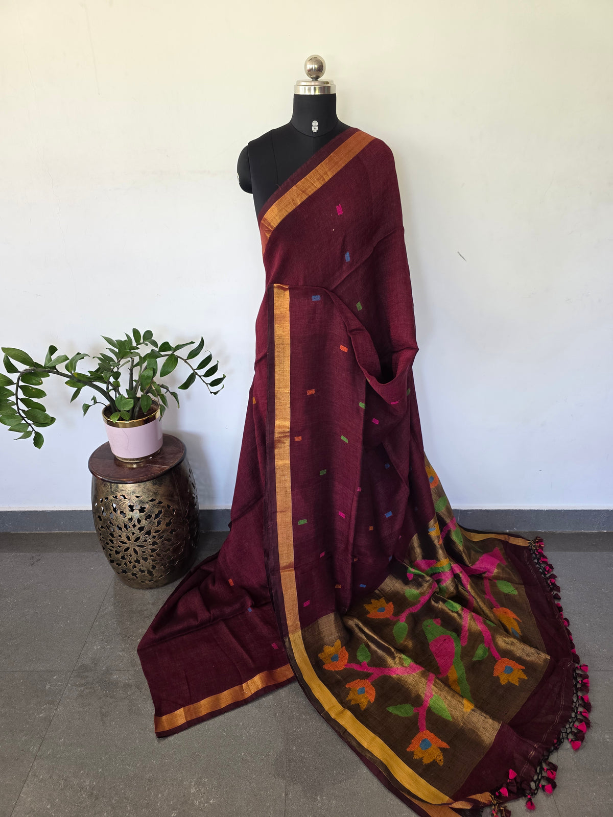 Premium handloom linen jamdhani paithani saree - JMM552