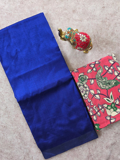 Premium plain semi mangalagiri pattu saree kalamkari silk blouse - MAA169