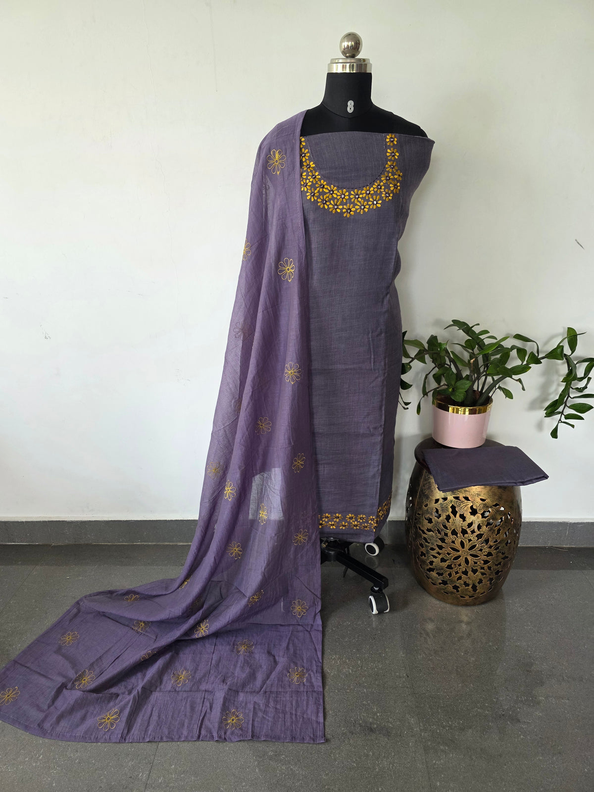 Melange royal lavender floral linen embroidery salwar set-FC76