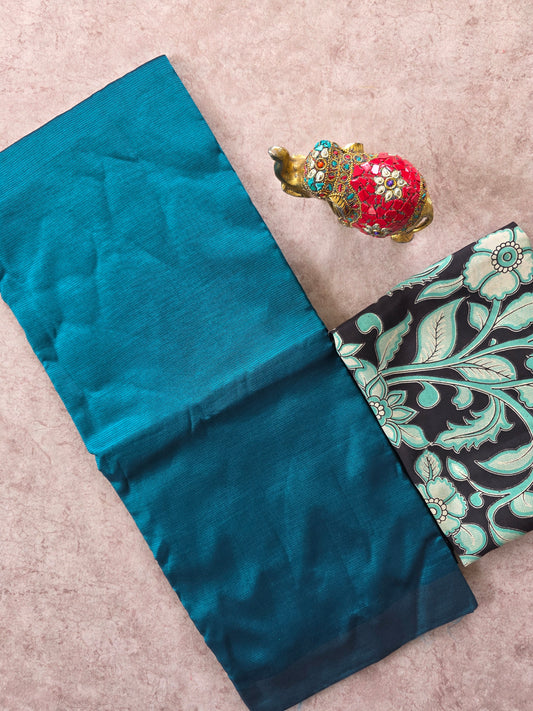 Premium plain semi mangalagiri pattu saree kalamkari silk blouse- MAA168
