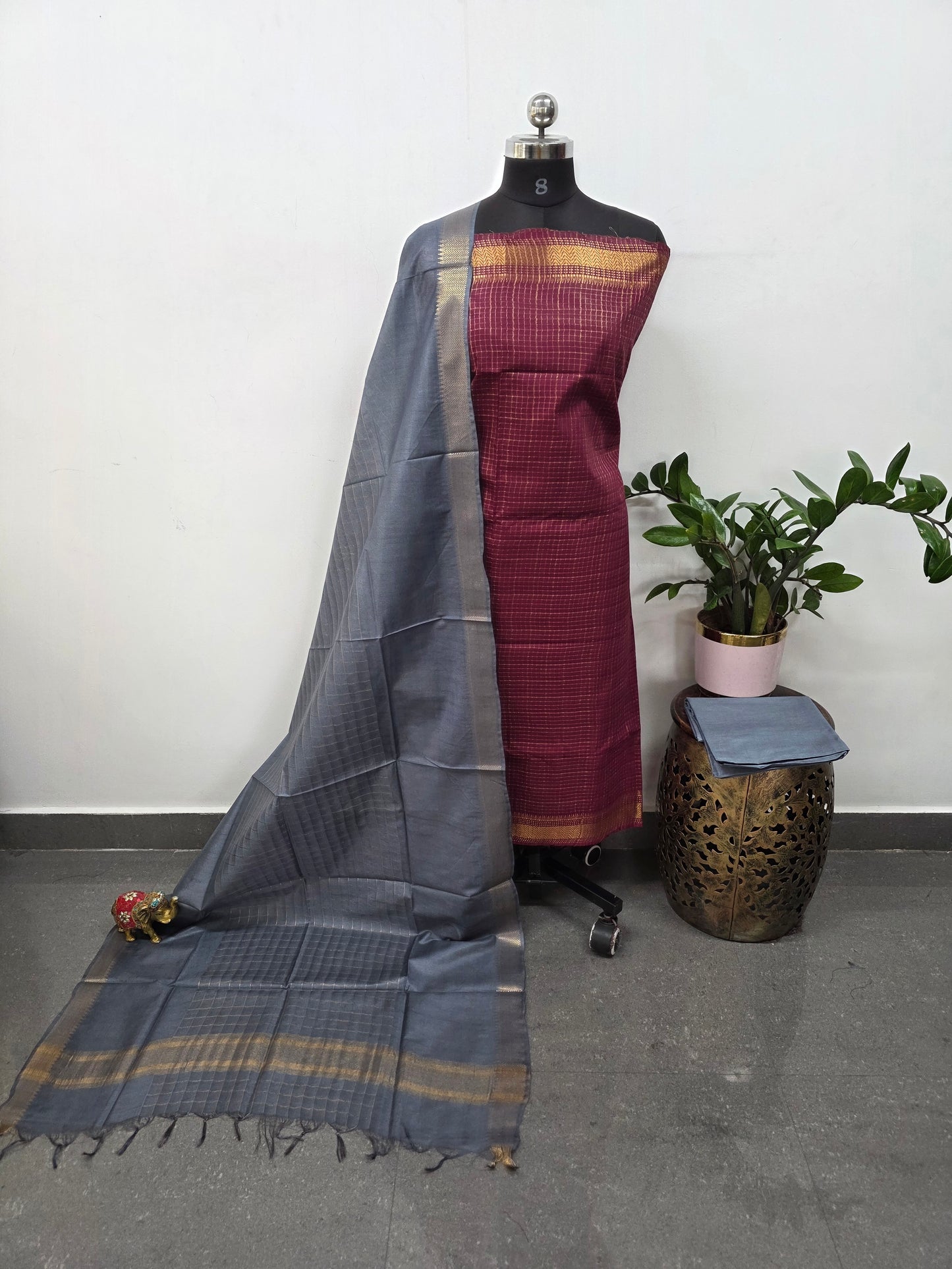Checked Bhagalpuri fusion mangalagiri silk set - BA522