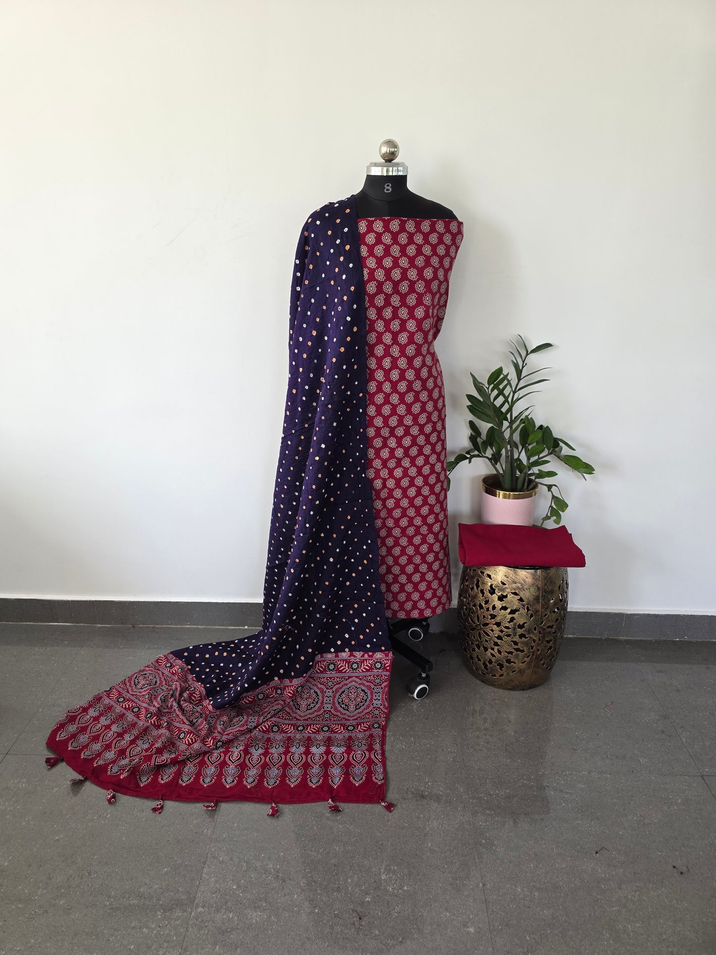 Premium ajrakh cotton top with pure bandhani cotton shawl - AB16