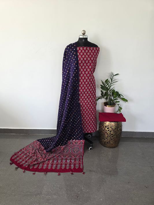 Premium ajrakh cotton top with pure bandhani cotton shawl - AB16