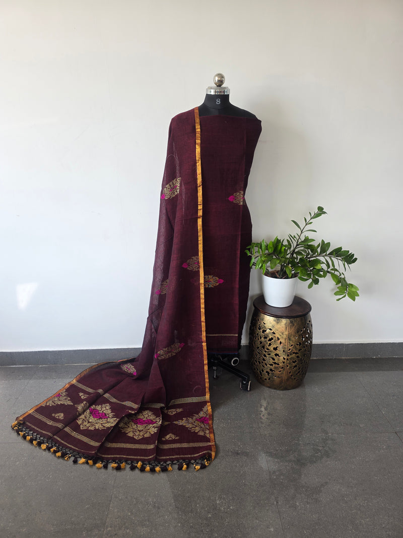 Premium handloom linen jamdhani set - Rt33(brown)