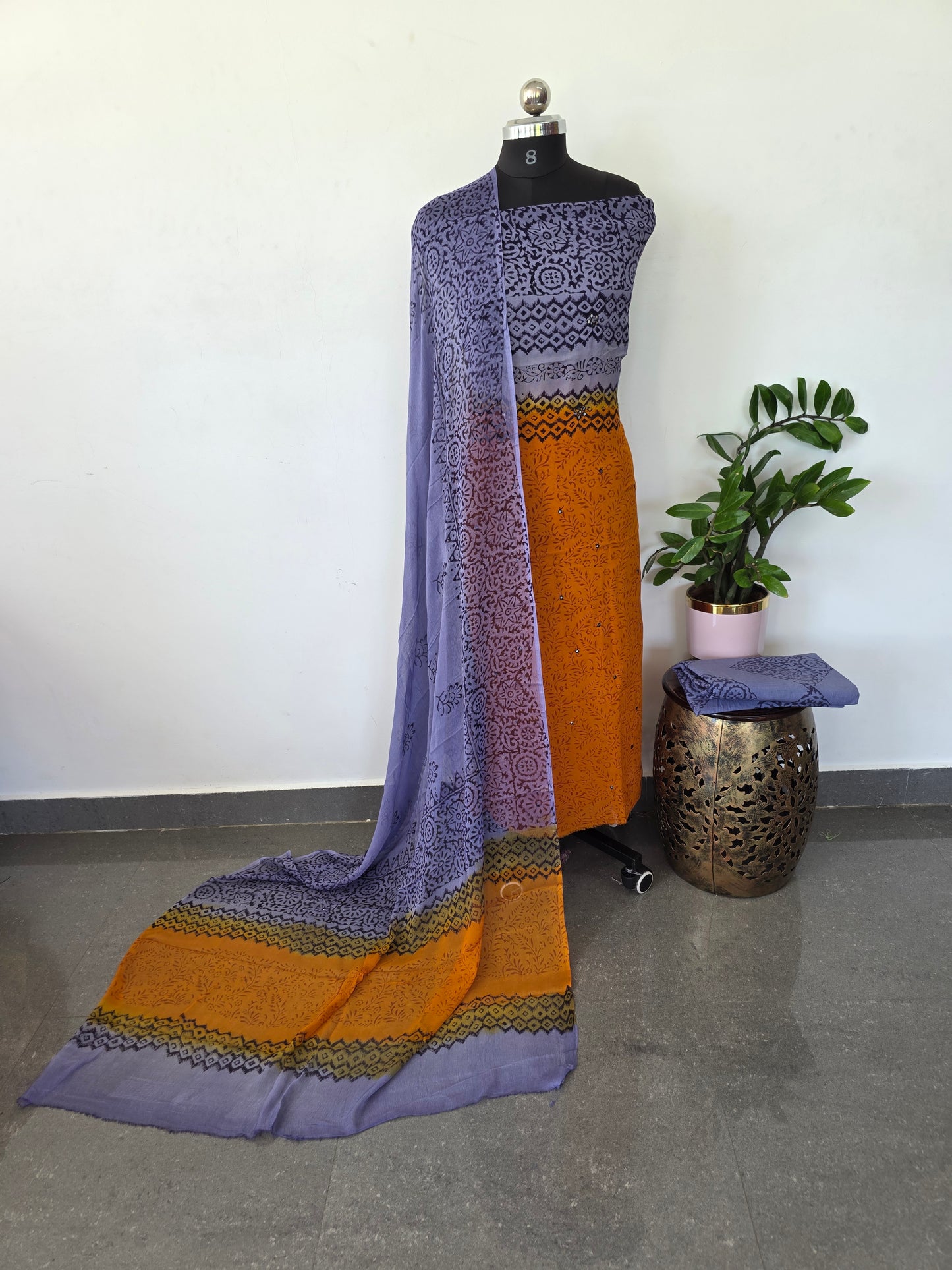 Handblock georgette salwar set with handwork mirror work- GE158