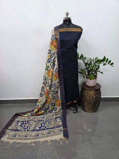 Earth & Loom - Mangalagiri cotton top with chennuri kalamkari silk shawl (blue)- MK28