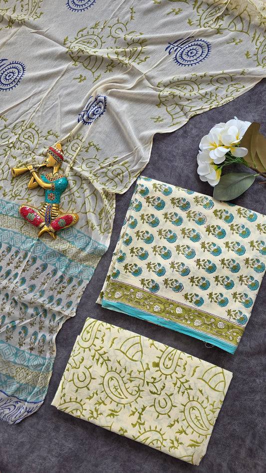 Handblock Jaipuri pure cotton with chiffon shawl - JX58