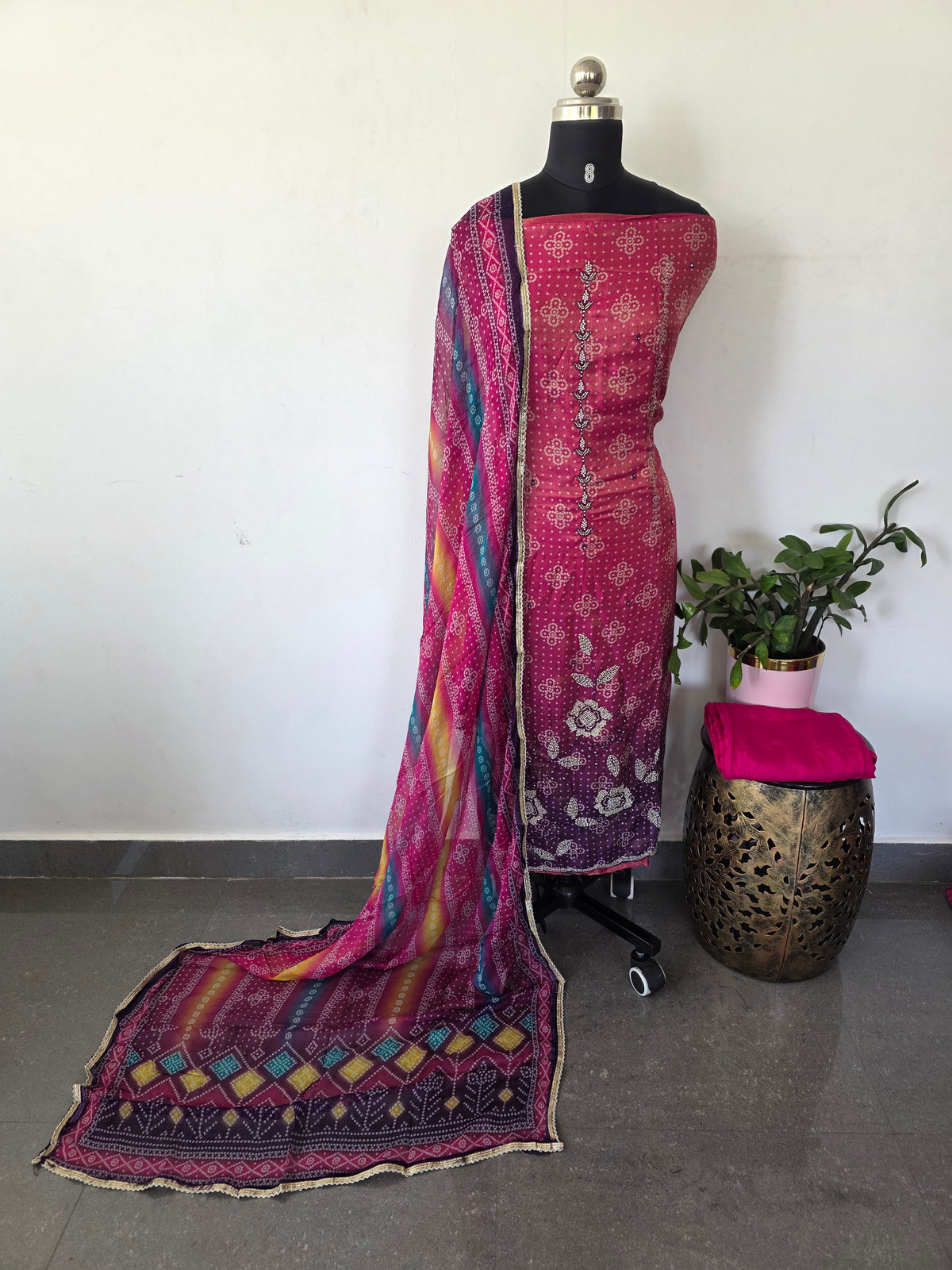 Shimmer Muslin bandhani silk with handwork embroidery set-FS13