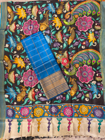 Handloom checked mangalagiri pattu silk top with penkalamkari duppatta -AK589