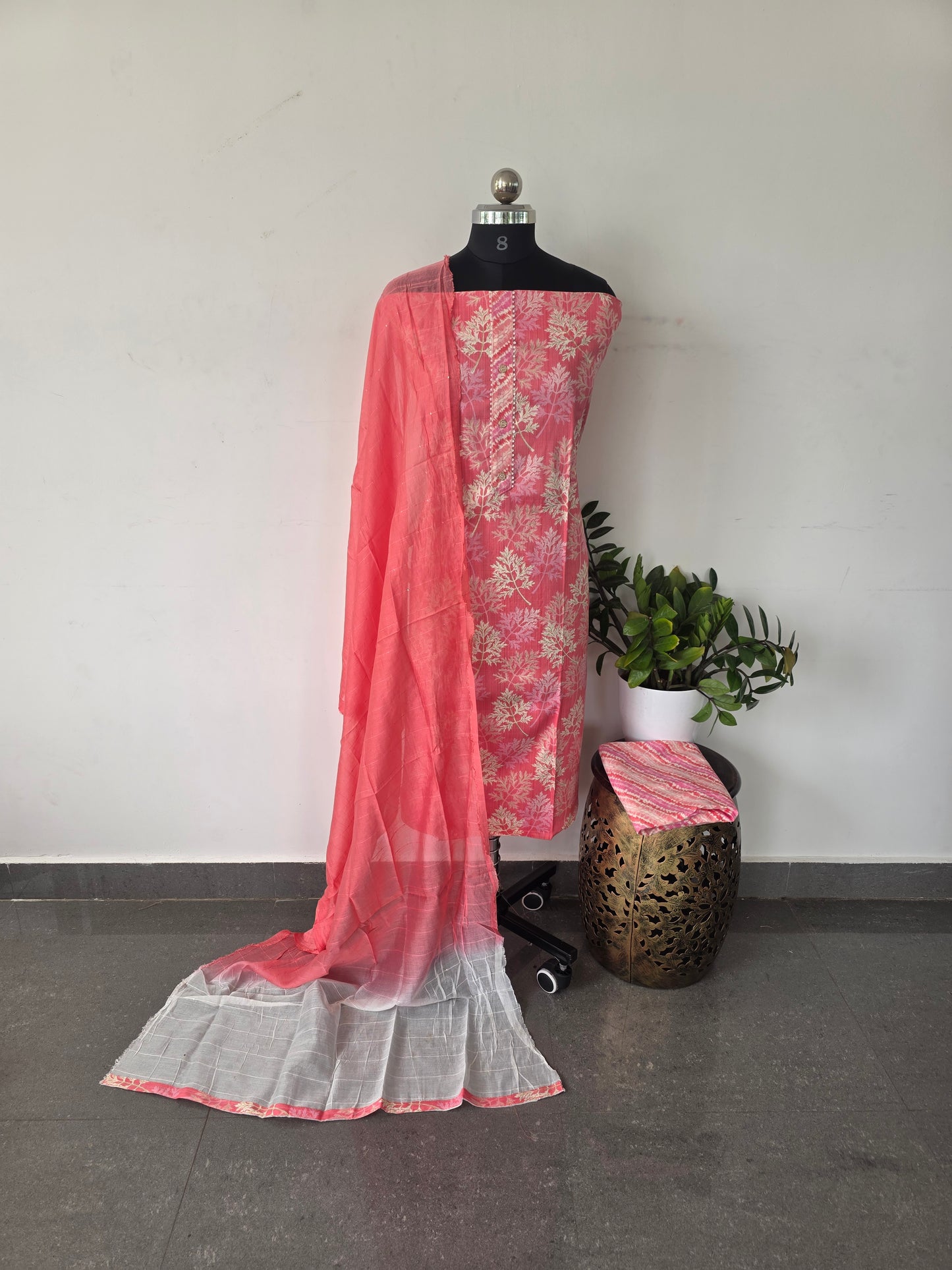 Fancy rayon set with chanderi silk shawl- CLA216