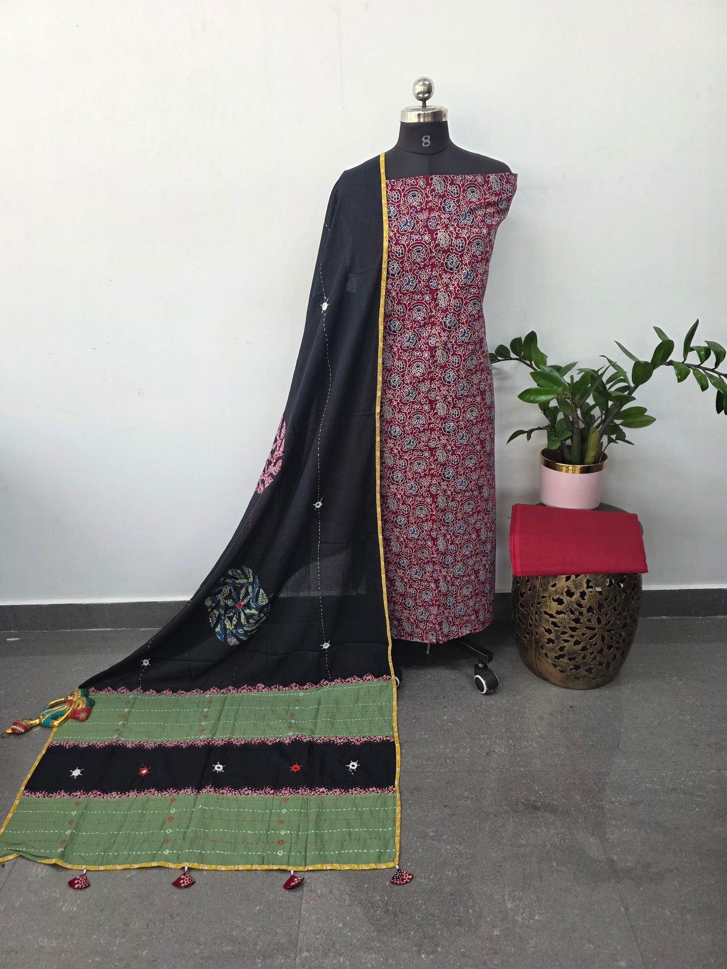 Handcrafted ajrakh cotton top kantha with mirror work cotton shawl - BAA66