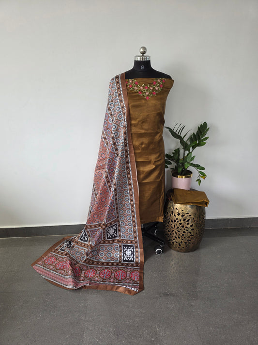 Fancy embroidery silk top with fancy ajrakh silk shawl - ff3