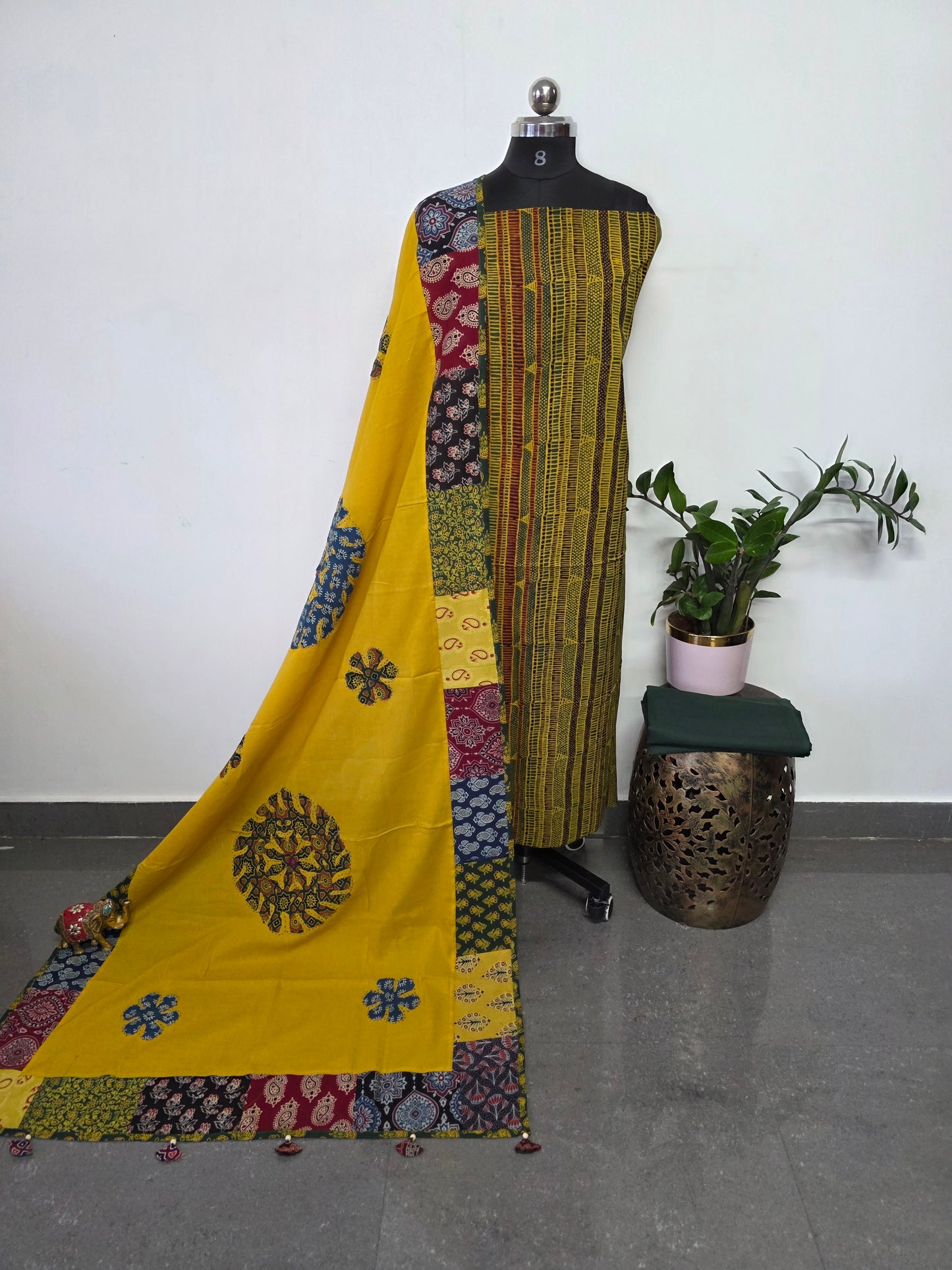 Handcrafted ajrakh cotton top with applique cotton shawl - BAA47