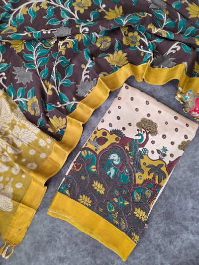 Kalamkari katha- Chennuri pure kalamkari silk set - AK389