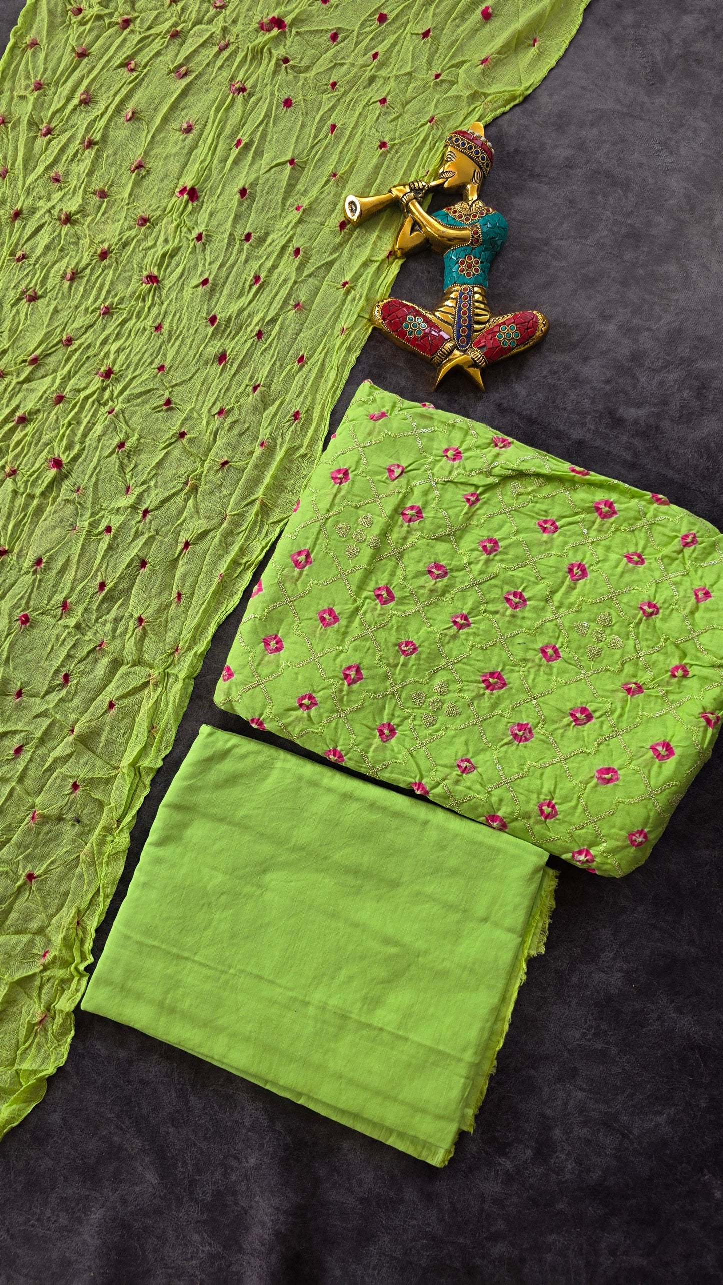 Embroidery Bandhini cotton set with bandhini chiffon shawl - JA795