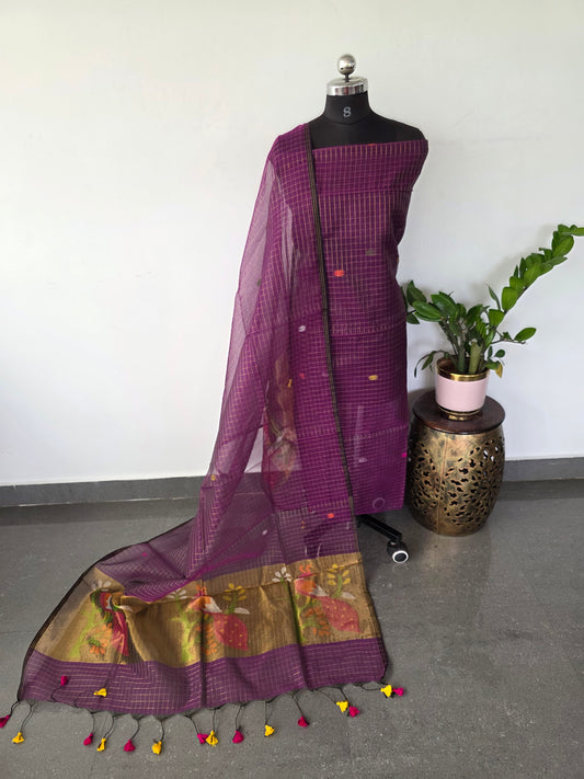 Handloom checked muslin paithani jamdhani set - BB353