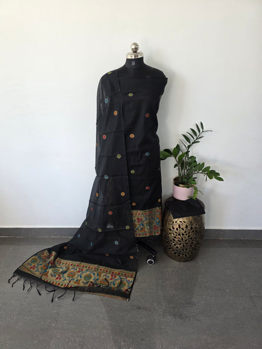 Premium jamdhani paithani silk cotton set (black)- X14