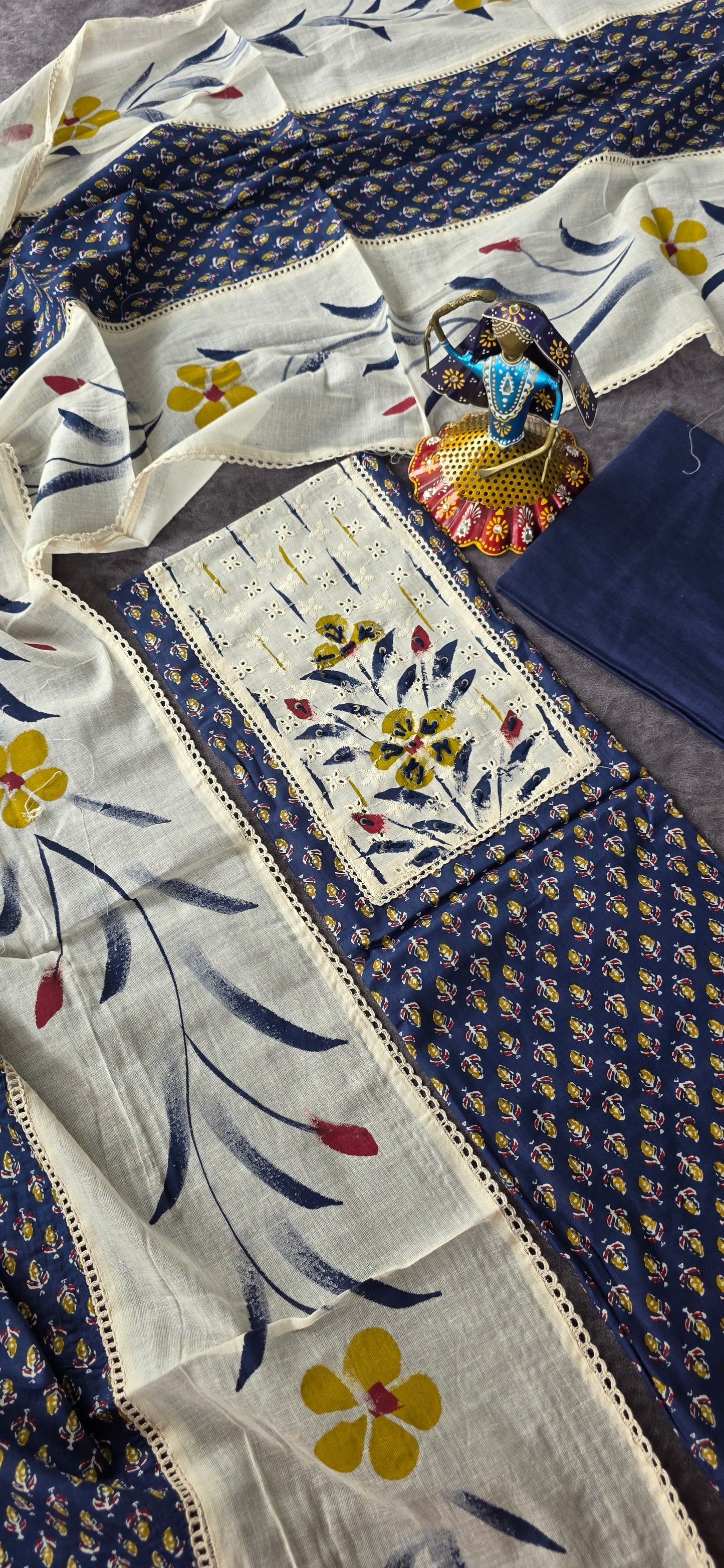 Pure jaipuri cotton with brush paint hakoba neck work  - 2