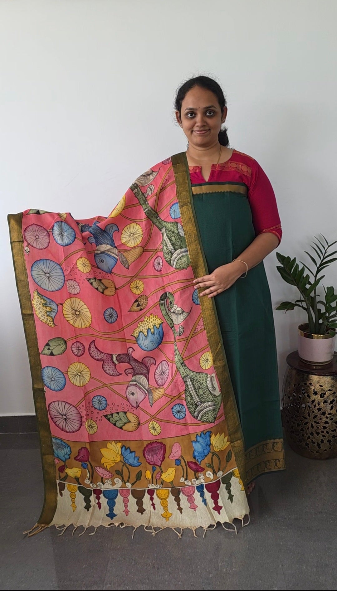 Premium mangalagiri handloom cotton with pure pen kalamkari duppatta  -124