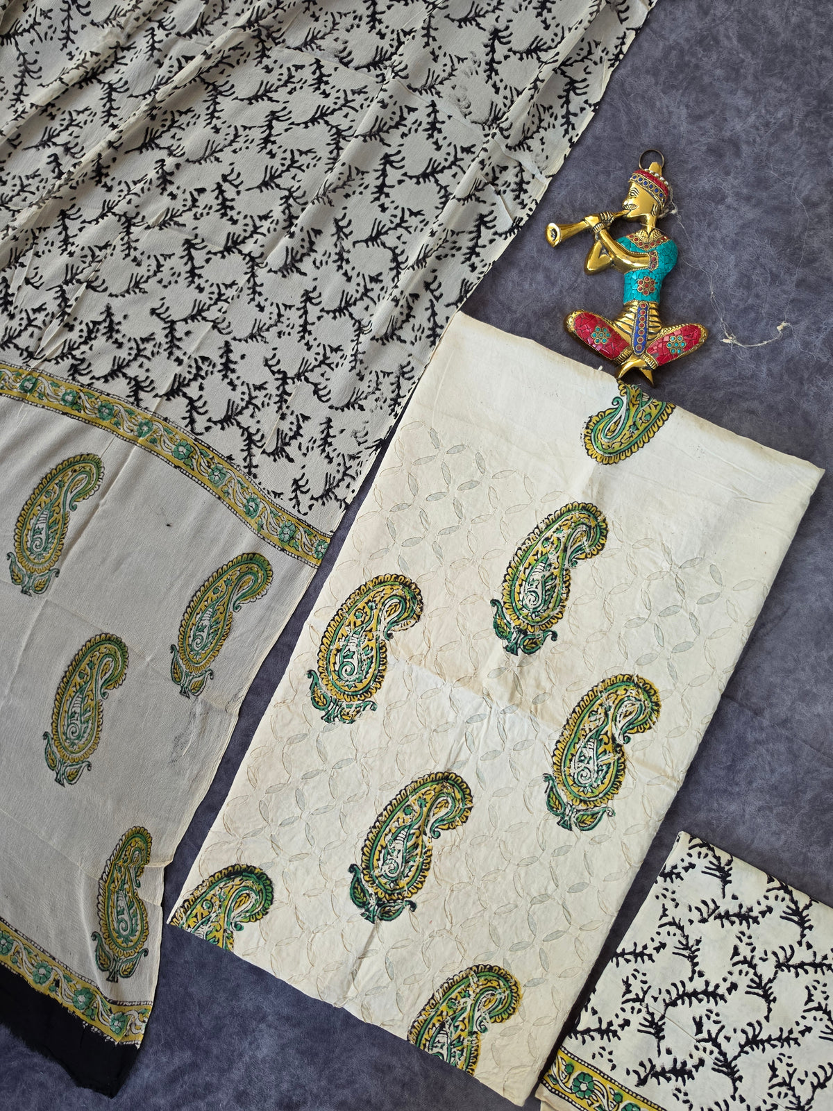 Handblock jaipuri applique cotton with chiffon shawl - JA584