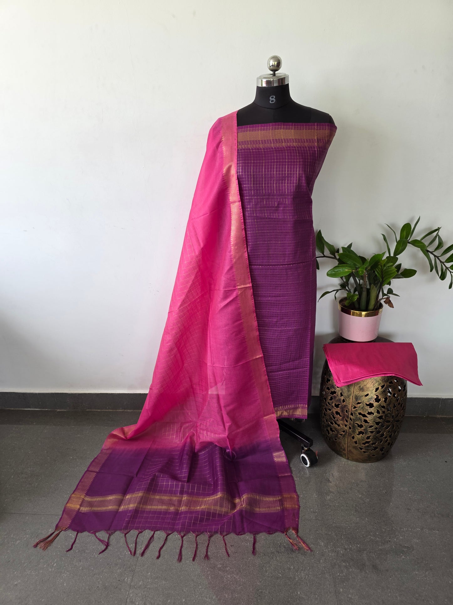 Checked Bhagalpuri fusion mangalagiri silk set - BA323
