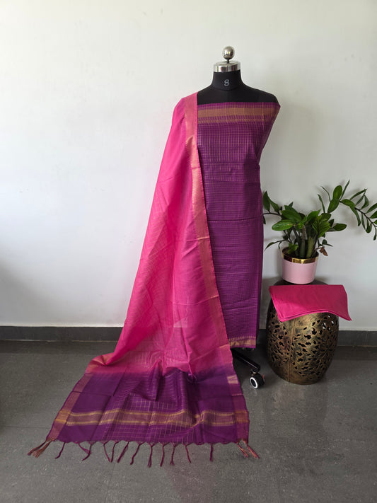 Checked Bhagalpuri fusion mangalagiri silk set - BA323