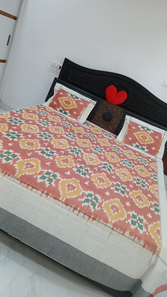 King size Warp ikkat bed sheet (90"*108"  2/40s bedsheet with 2 pillow covers )  - VN19