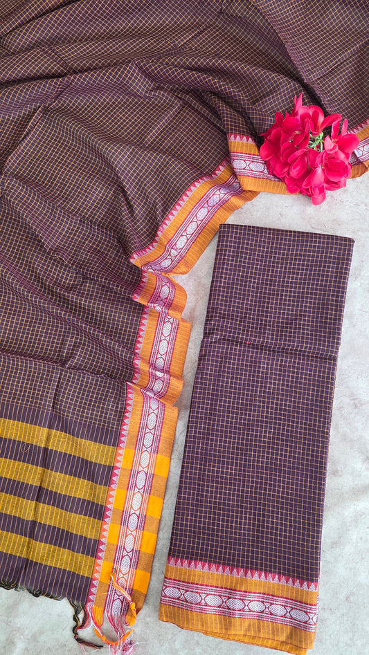 Mercerised checked narayanapet salwar set (brown) (4.5 mtrs) - NA44