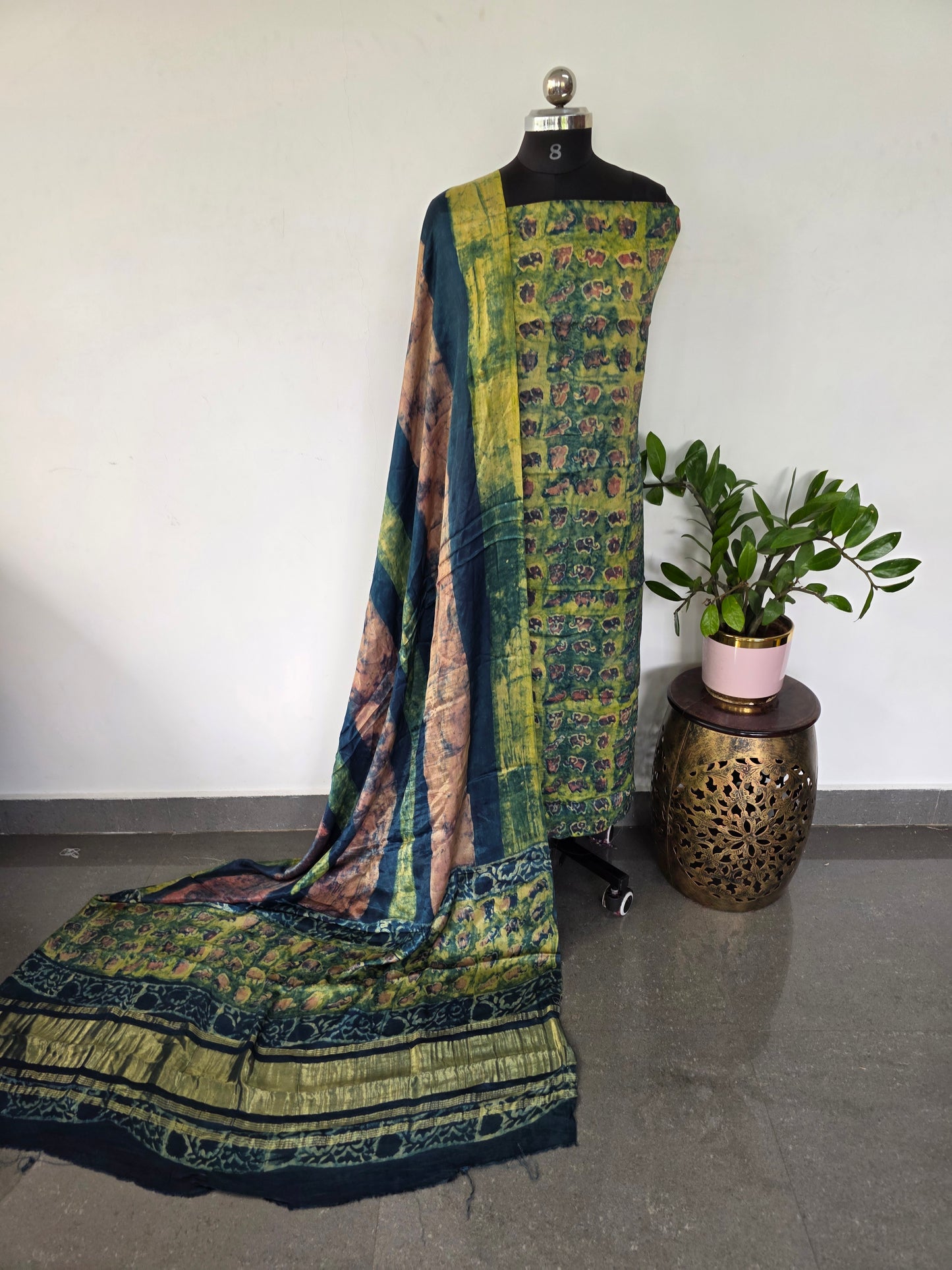 Handblock pomogranate peel  jaipuri satin modal silk set with lagdi patta pallu- HZ12