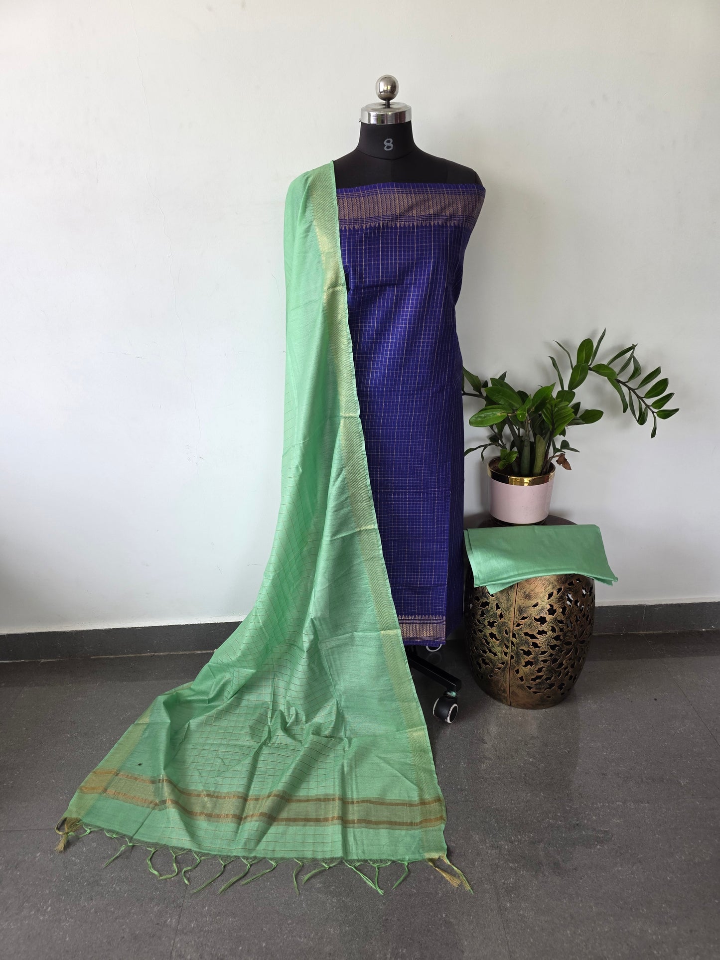 Checked Bhagalpuri fusion mangalagiri silk set - BA325
