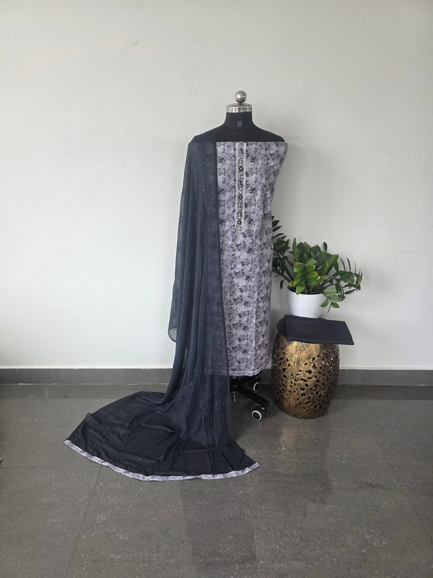 Pure hakoba cotton set with chiffon shawl - 295