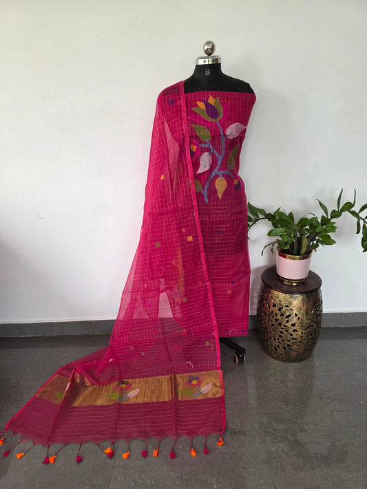 Checked Handloom muslin paithani jamdhani set - JMM372