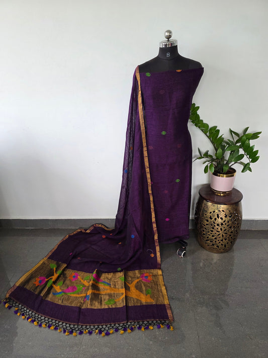 Premium handloom linen Paithani jamdhani set - JMM325